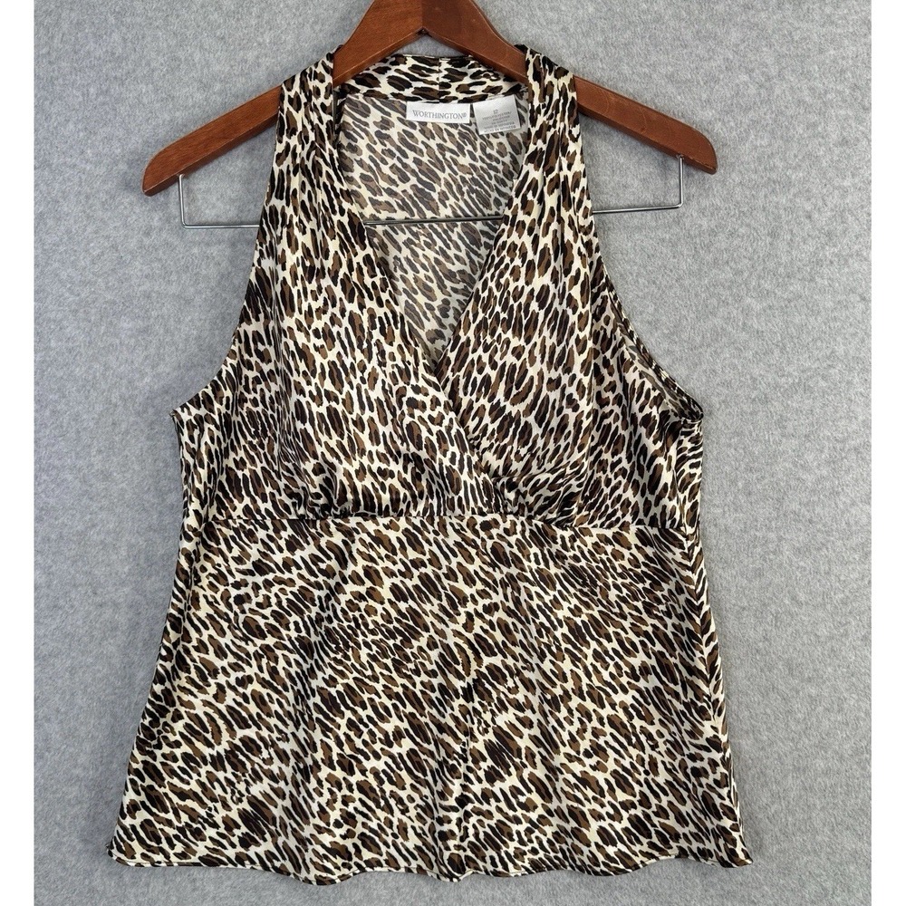 Worthington Leopard Print Sleeveless‎ Blouse 12 Animal Print V-Neck Halter Top